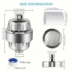 Gedetailleerde afmetingen van universele douchefilterset inclusief cartridge en accessoires