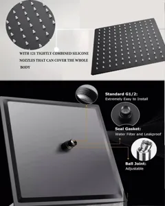 Detailed view of matte black square shower head with 121 silicone nozzles and G1/2 ball joint