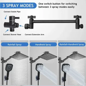 Detailed view of the 3 spray modes for this matte black stainless steel shower head set