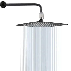 Black stainless steel rainfall shower head with high-pressure water spray display