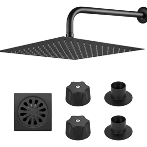 Stainless Steel Matte Black Square Rainfall Shower Head Set Ultra-Thin Pressurized Overhead Shower With Arm Valves Floor Drain Bathroom Fixtures