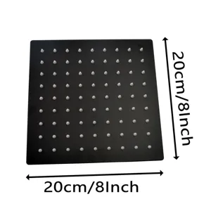 Detailed view of 20cm square matte black stainless steel rain shower head with measurements
