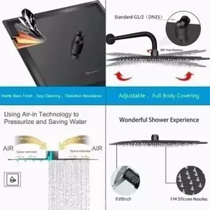 Features of ultra-thin matte black rain shower head with 144 silicone nozzles