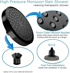Detailed view of high-pressure black shower head with easy-clean silicone nozzles
