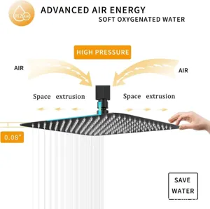 Ultra-thin 0.08-inch black rainfall shower head detail showing high pressure air energy system