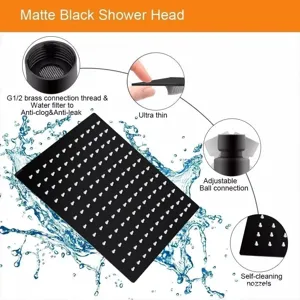 Matte black ultra-thin stainless steel shower head with self-cleaning nozzles