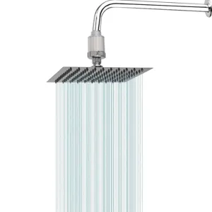 Close-up of stainless steel square rain shower head with arm and filter set