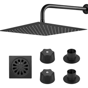 Professional matte black stainless steel shower set with rainfall head and drain