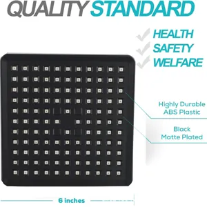 Close-up of 6-inch matte black square shower head with nozzles and durable ABS plastic