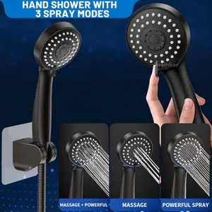 Cabezal de ducha de mano de 3 modos con ajustes de masaje y chorro potente en color negro mate