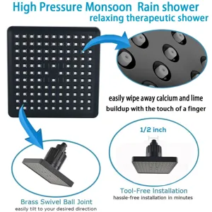 Close-up details of 6-inch high pressure rain shower head with brass swivel ball joint