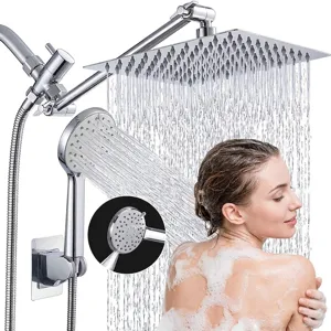 Modern stainless steel rain shower system featuring a dual-head setup and handheld sprayer.