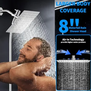Infographic showing Air-In technology on an 8-inch waterfall rain shower head.