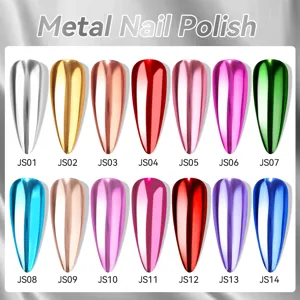 Collection of 14 high-shine metallic mirror effect nail polish color swatches.