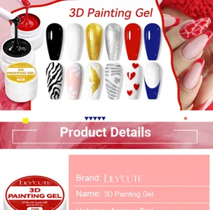 Detailed specifications for 3D nail painting gel showing various colors and art effects