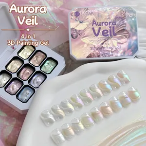 Detail view of 9-grid Aurora Veil 3D nail painting gel palette with shimmering colors