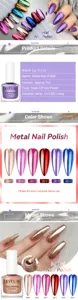 High-shine metallic nail polish with mirror effect swatches and UV/LED gel details.