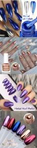 High-shine metallic nail polish with mirror effect shown on nails and color swatches