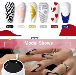 Detailed showcase of black nail art gel and various creative manicure patterns on display