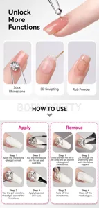 Guide d'utilisation de la colle à strass sans essuyage Born Pretty et du gel 3D.