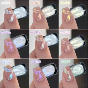 Nine-grid detail showing various shimmering pearlescent nail art gels with color codes.