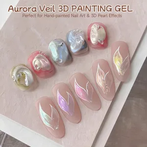 Detailed close-up of 3D aurora pearl painting gel effects on various nail tips