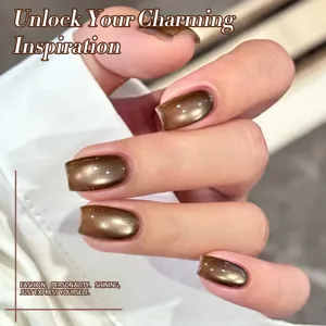 Detailed macro view of red-brown magnetic ice crystal cat-eye gel nail polish on long nails