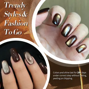 Close-up of glossy brown and gold cat-eye magnetic gel nail polish effect