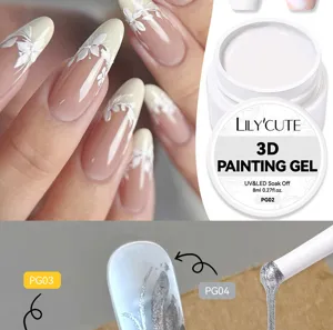 Detail of 3D painting gel showing white floral relief and silver glitter texture effect.
