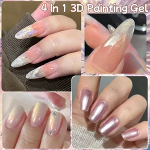 Close-up of diverse 3D nail painting gel designs with glitter and metallic effects
