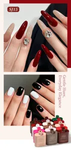 Vue détaillée des ongles manucurés et des flacons de vernis à ongles gel BORN PRETTY