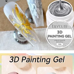 Close-up of silver 3D painting gel and nail art with gold flower patterns.