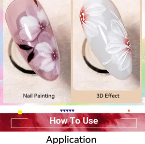 Macro view showing 3D embossed white floral and flat pink flower nail art painting gel