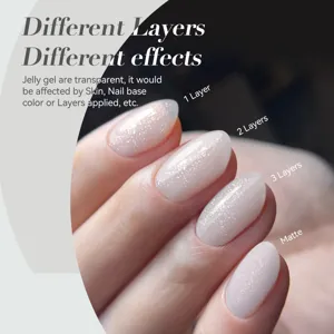Vernis gel jelly blanc laiteux montrant 1, 2, 3 couches et un fini mat élégant.