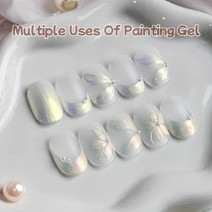 Close-up detail of pearlescent oil painting gel nail art with floral patterns on matte tips