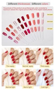 Nuancier de vernis à ongles rouge montrant les couches et effets de lumière