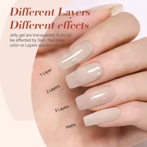 Vernis à ongles gel nude montrant les effets visuels de 1, 2, 3 couches et fini mat