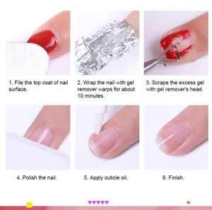 Professional 6-step tutorial for gel nail polish removal with detailed tool instructions