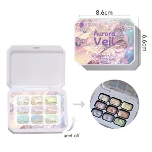 Detailed view of UR SUGAR 9-color Aurora Veil 3D painting nail gel palette with sizes