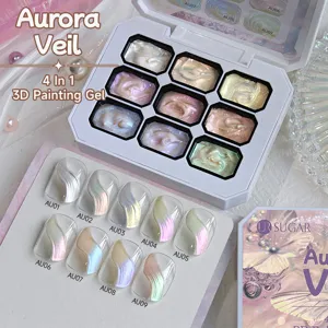 Macro view of UR SUGAR 9-color aurora 3D painting gel palette and color samples