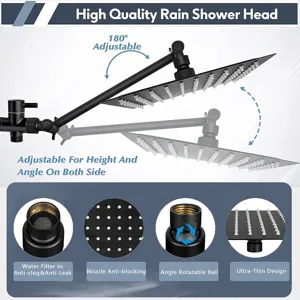 High-quality adjustable black rain shower head featuring anti-clog nozzles and ultra-thin design