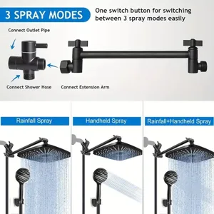 Matte black shower set with 3 spray modes including rainfall and handheld
