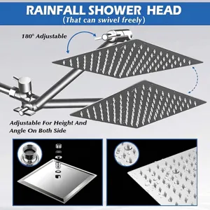 Detail view of adjustable dual rainfall shower heads with 180-degree swivel feature.