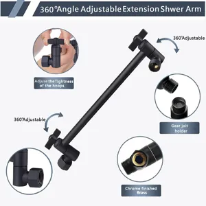 Detail showing 360-degree adjustable black matte shower extension arm components
