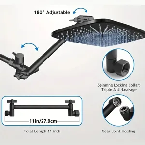 Detail view of 11-inch adjustable shower arm extension with leak-proof gear joint