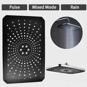 Close-up view of a black square shower head with star pattern showing water modes
