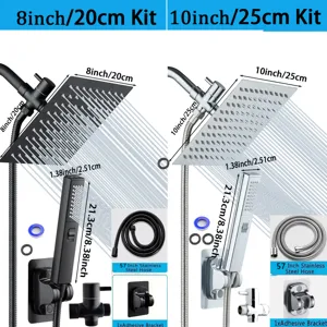 Detailed comparison of 8 and 10 inch rainfall shower kits with hand spray and hose