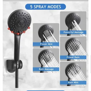 Matte black handheld showerhead with 5 adjustable spray modes for bathroom.