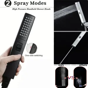Detailed view of high pressure black handheld shower head showing two functional spray modes