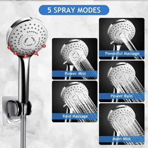 High pressure handheld shower head with 5 adjustable spray modes and chrome finish